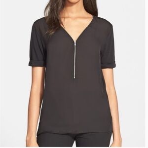 Apt. 9 Black Blouse Zipper Front Short Sleeve Mixed Media Top Sz Large